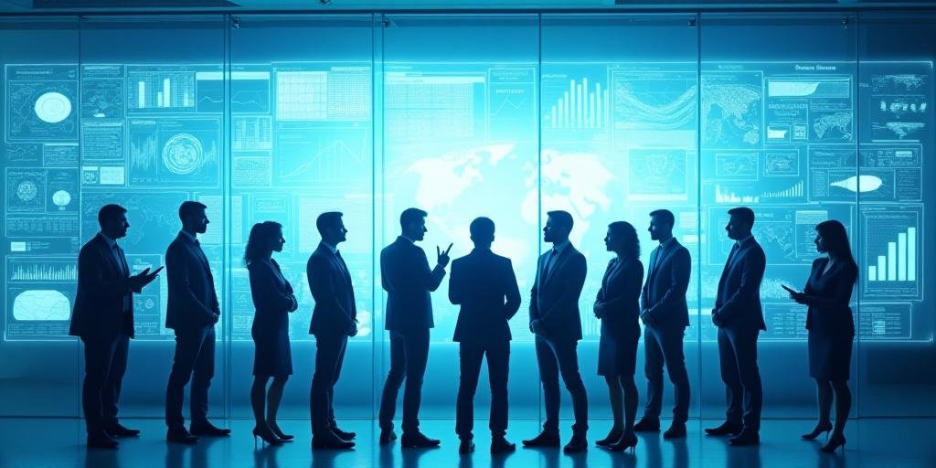 Team collaborating over large data mapping screens in a modern corporate board room