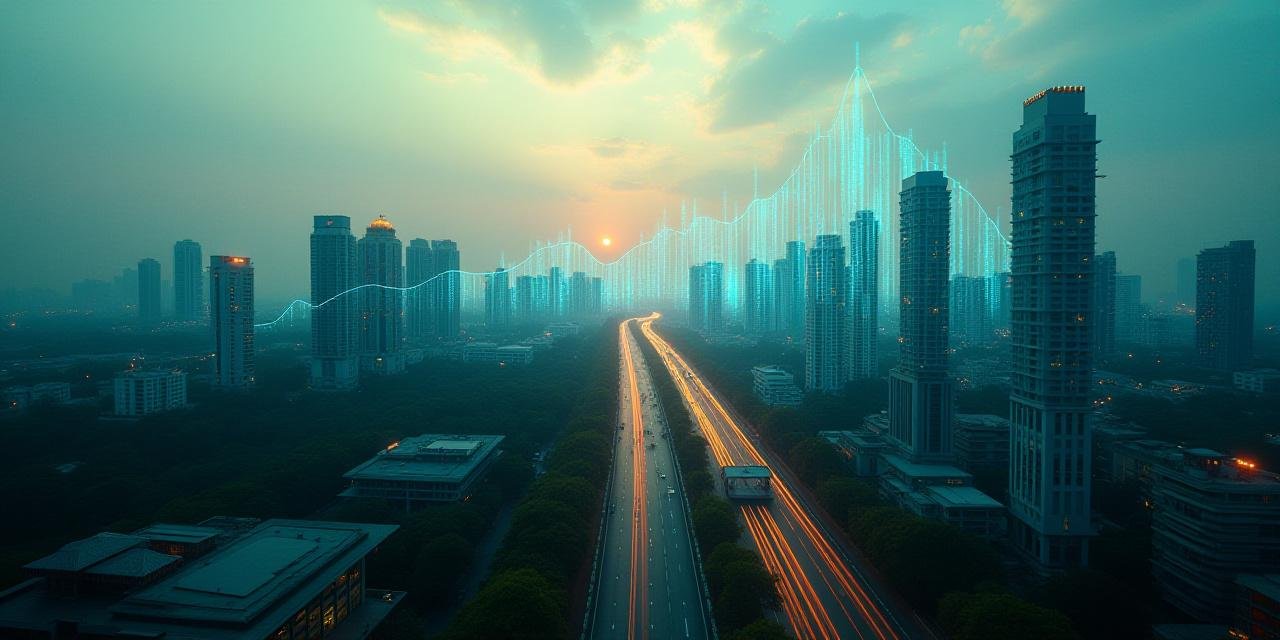 Panoramic view of a modern Indian city skyline with digital icons representing data growth