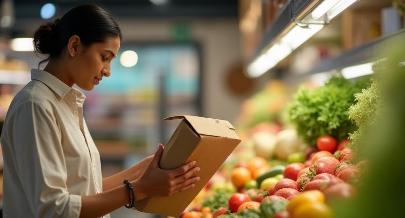 Indian consumer examining eco-friendly product packaging in a modern supermarket