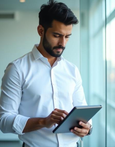 Professional market analyst reviewing forecasting charts on a tablet